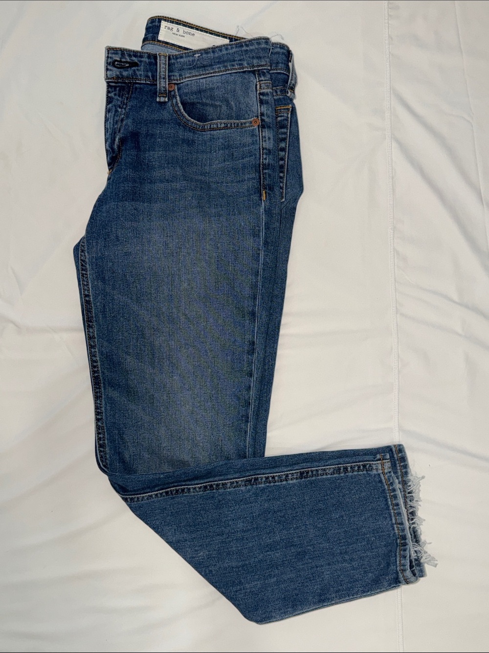 rag & bone Mid-Blue Cropped Straight Jeans with Frayed Hem